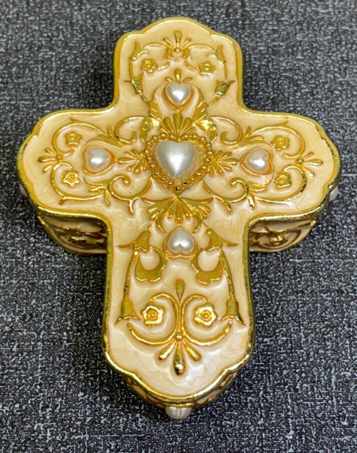 Gold and Bead Cross Enamel Trinket Box 3"x 3.5"