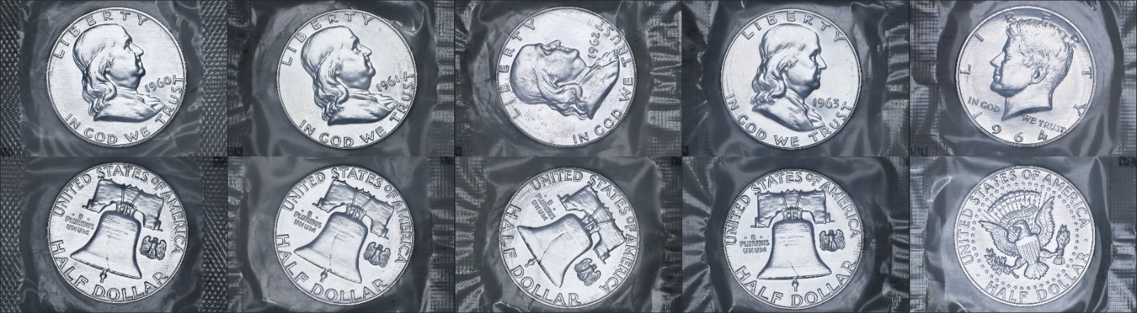 1960-1964 P Silver Proof Half Dollars in Original Mint Cellos GEM BU (5 coins)