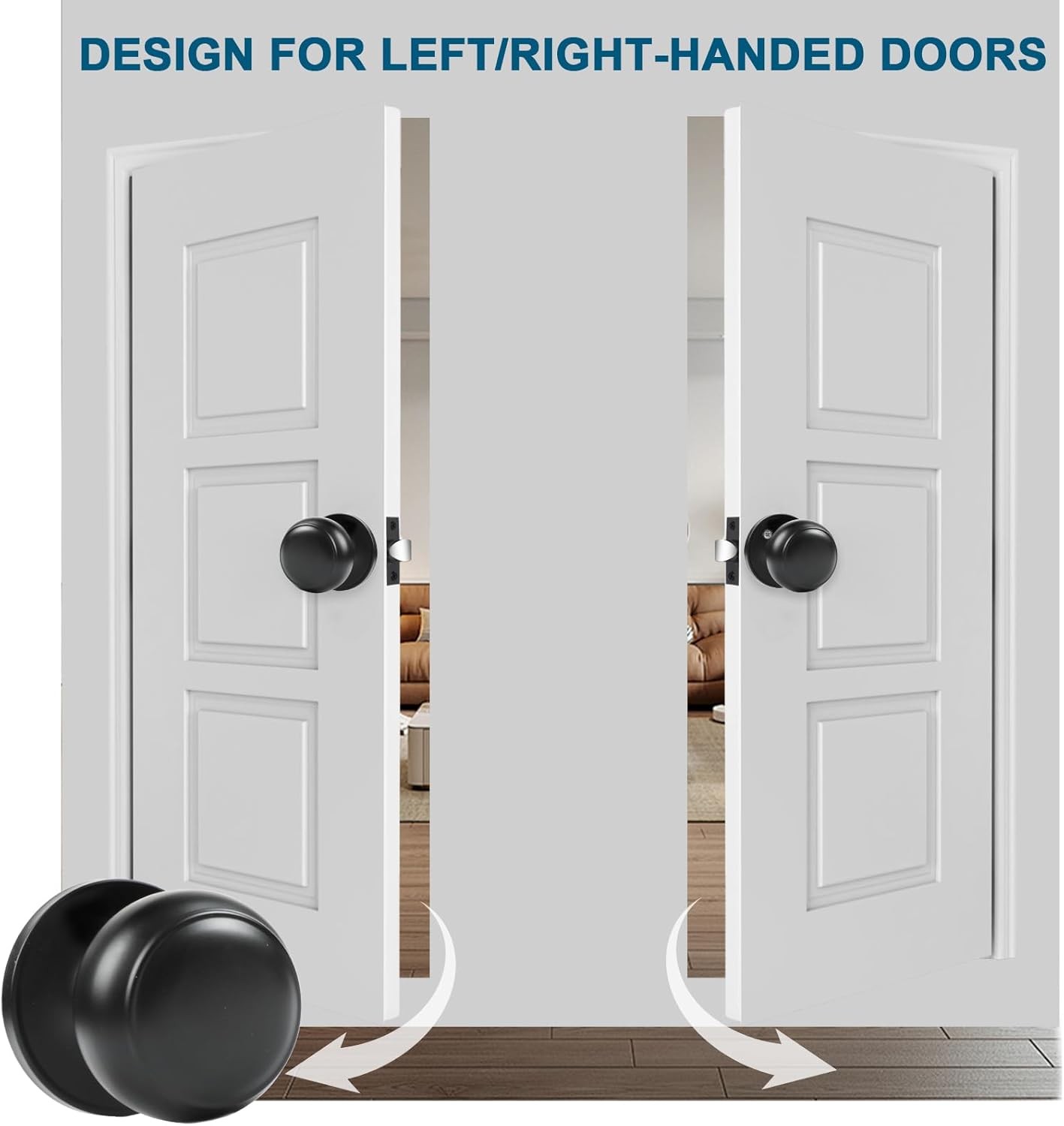 RAZCC 4-Pack Matte Black Passage Door Knobs, Interior Round Handles for Hallway/
