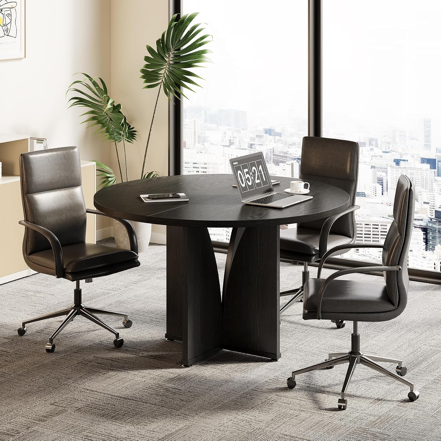 39-Inch Small Conference Table Round Meeting Table W/ X-Shape Pedestal Office