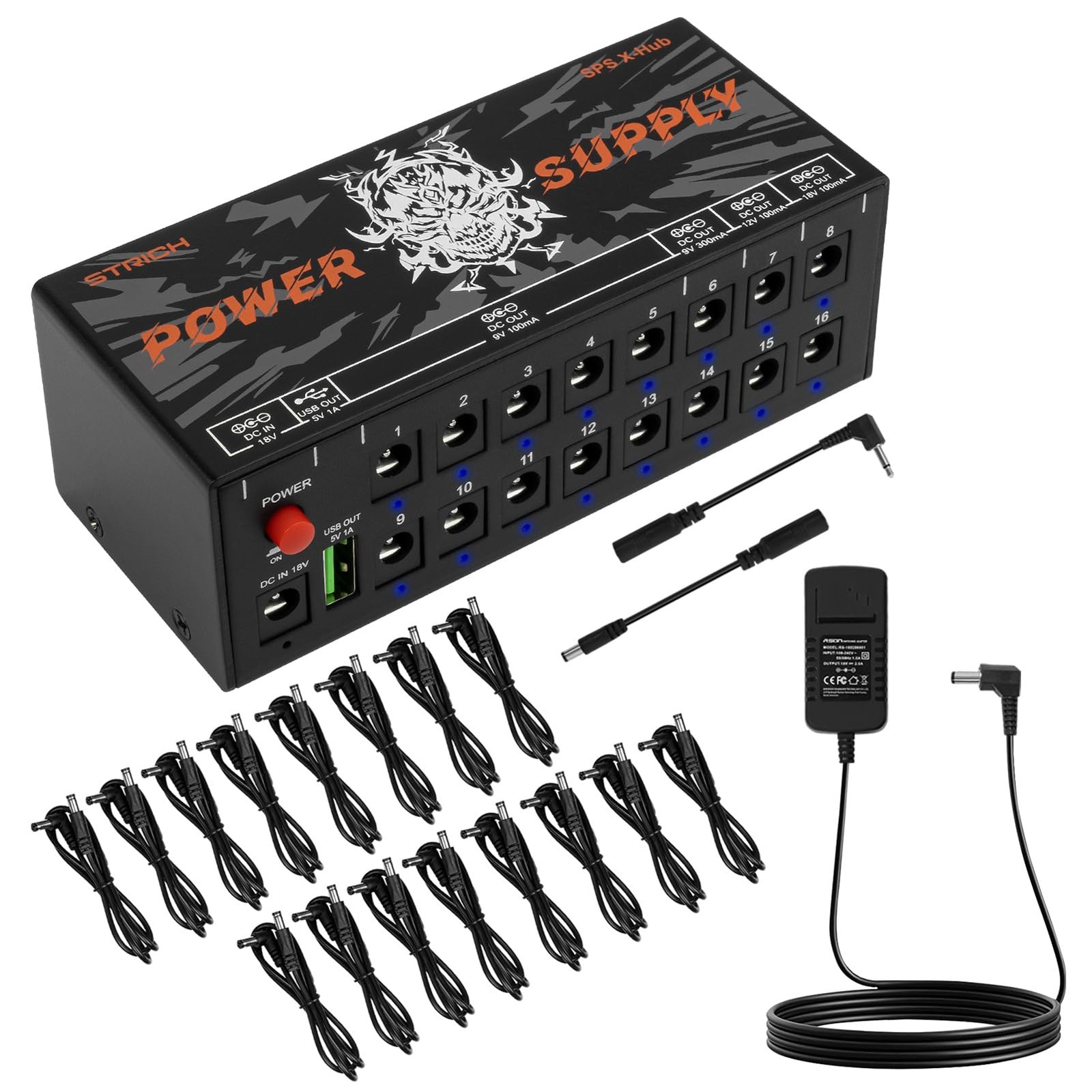 SPS X-Hub Guitar Pedal Power Supply for 9V/12V/18V, 100mA - 300mA Effects Ped...