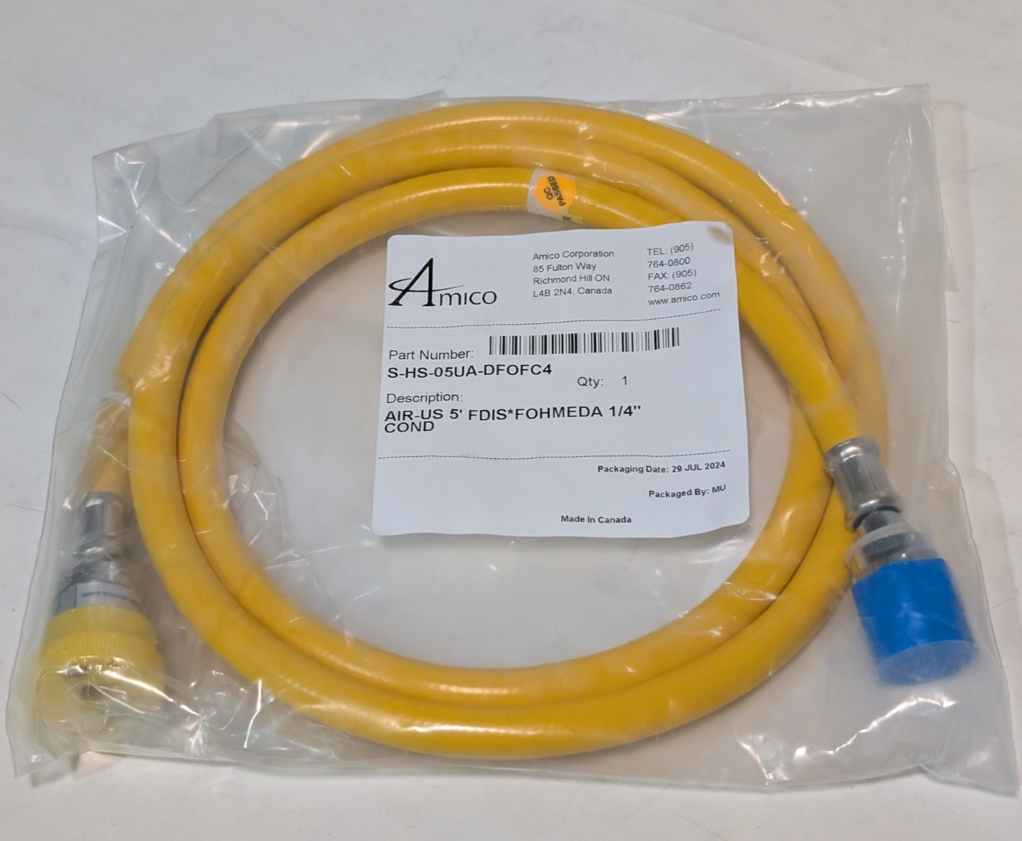 Amico S-HS-05UA-DFOFC4 Conductive Air Hose Assembly, 1/4 in, 5 ft L, Yellow