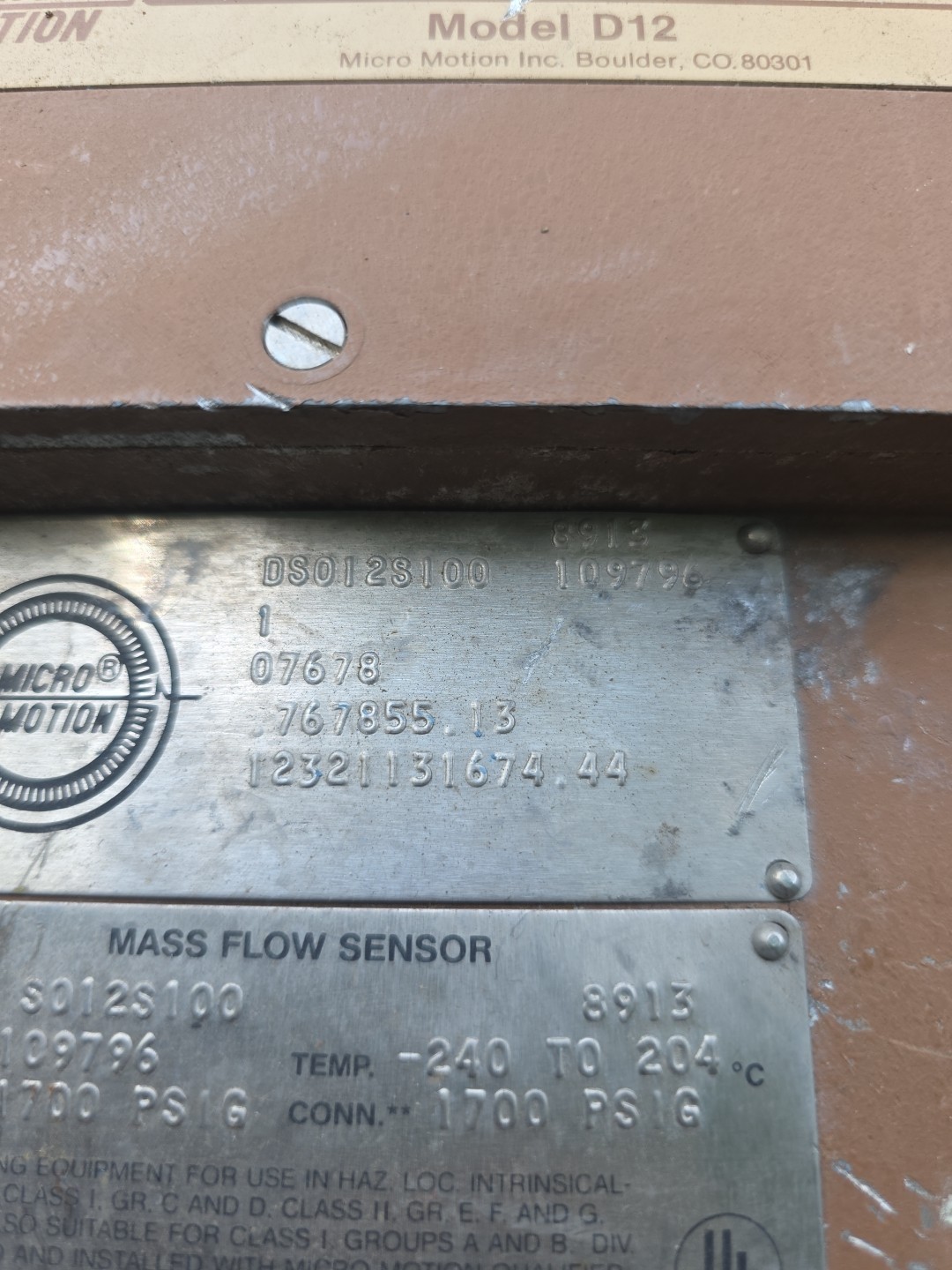 MicroMotion Mass Flow Sensor DS012S100