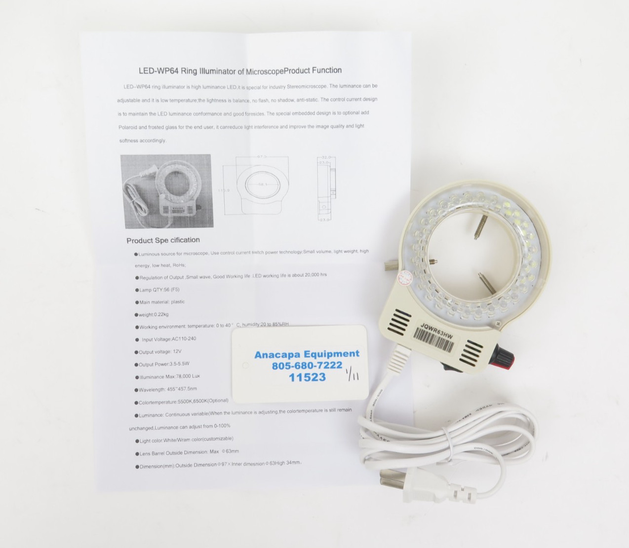 LED-WP64 56 LED Ring Light Illuminator for Stereo Microscope 110-240V New