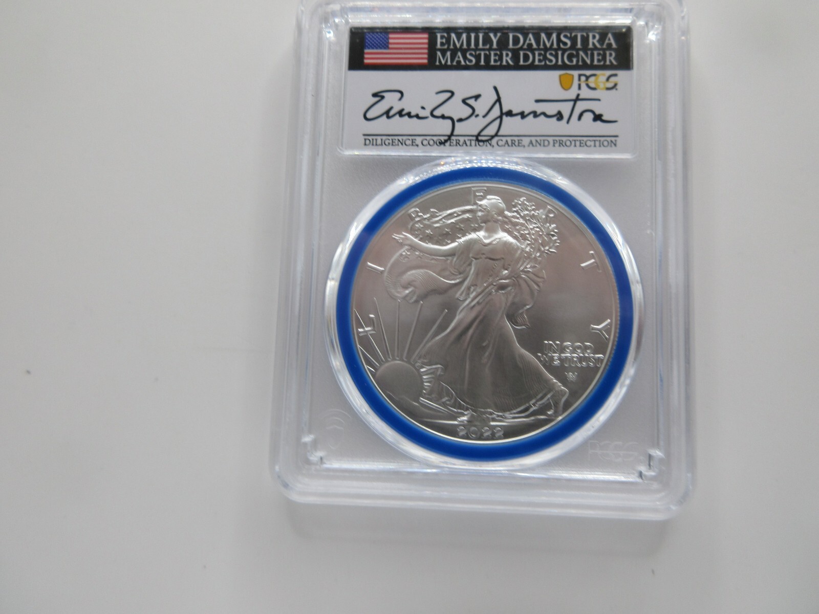 2022-W Burnished Silver Eagle Advanced Release; Mint Designer Damstra PCGS SP70