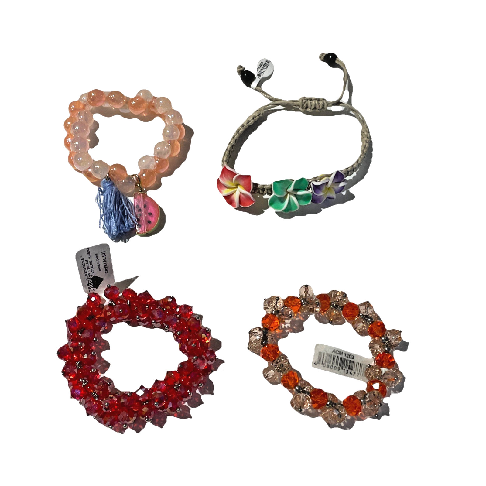 Lot Of 4 Beaded Bracelets Colorful Crystal Flowers Stretch Festival Ships Free