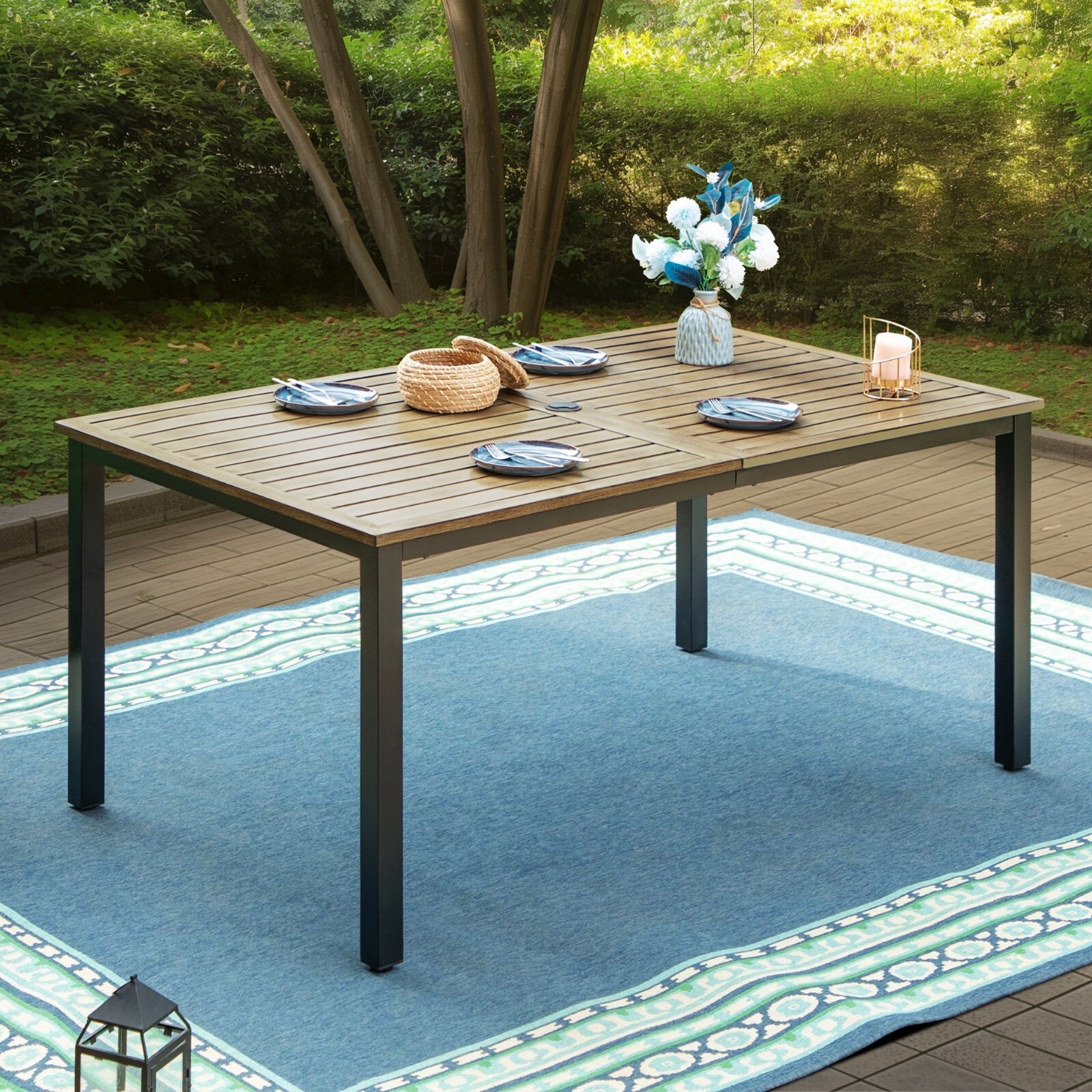 Patio Dining Table Outdoor Table with Umbrella Hole Teak Tabletop Rectangualr