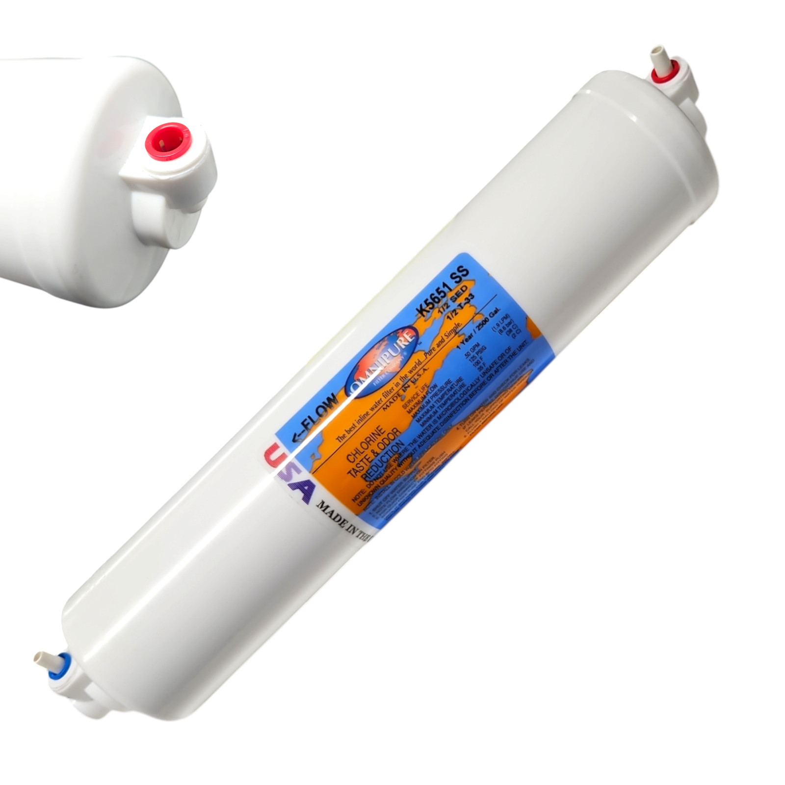 Omnipure K5651-SS 1/2 Sediment Filter 1/2 GAC Carbon media 1/4" Elbow QC