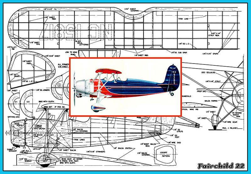 Model Airplane Plans (FF): FAIRCHILD 22 33" 1/12 Scale for ½A by Paul Palanek