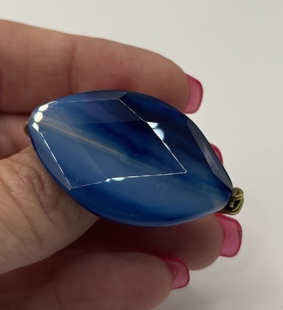 Blue Banded Faceted Agate Double Ring In Brass Wire Wrap slightly adjustable 7