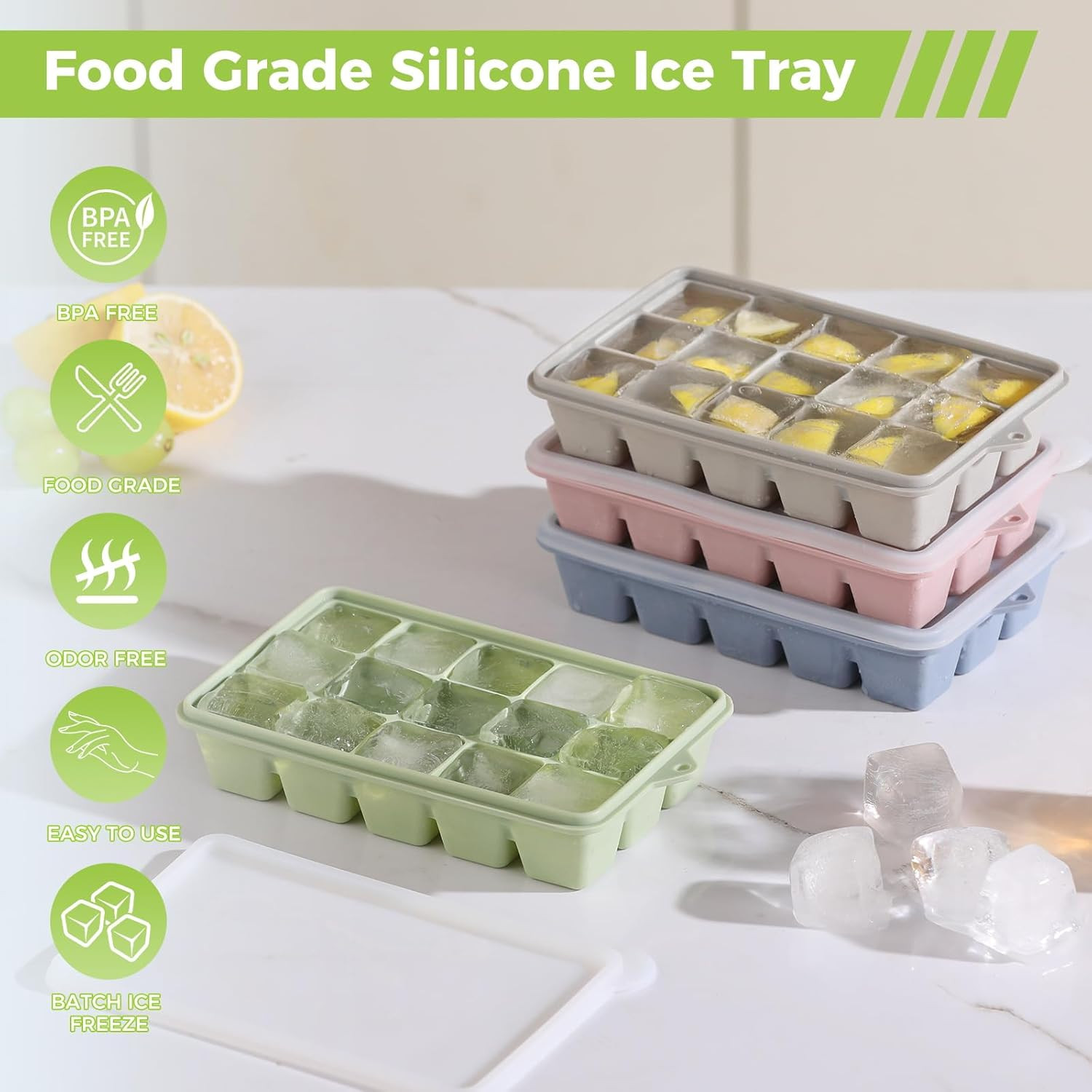 4-Pack Silicone Ice Cube Trays with Lid, Easy Release Ice Cube Molds, Reusable
