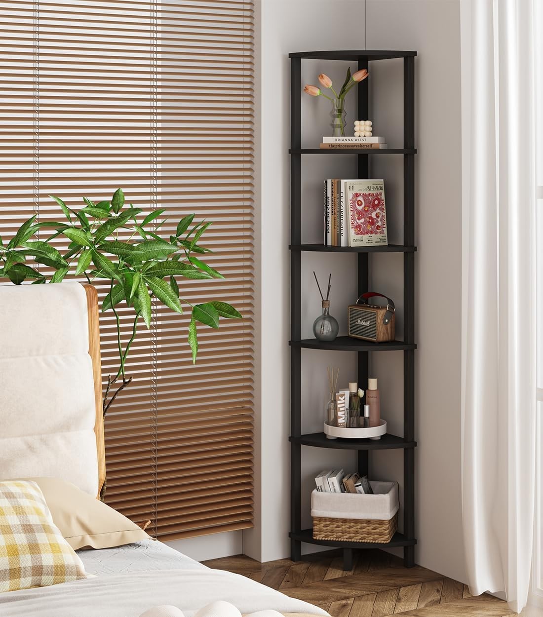 Elegant 6-Tier Industrial Corner Shelf - Customizable Storage Solution