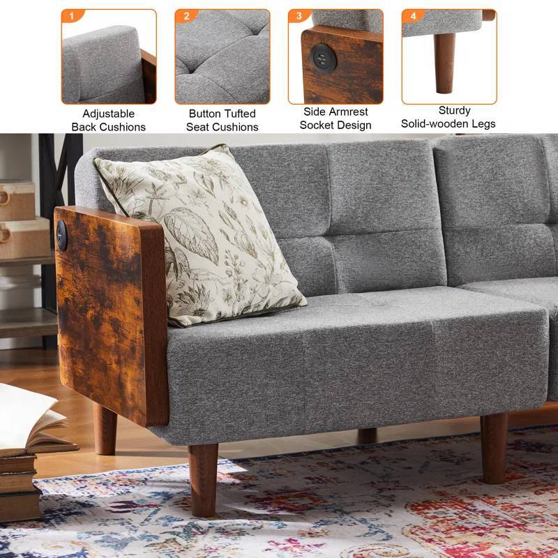 2 in 1 Convertible Folding Futon Sofa Bed Grey Fabric Upholstered Sleeper Couch