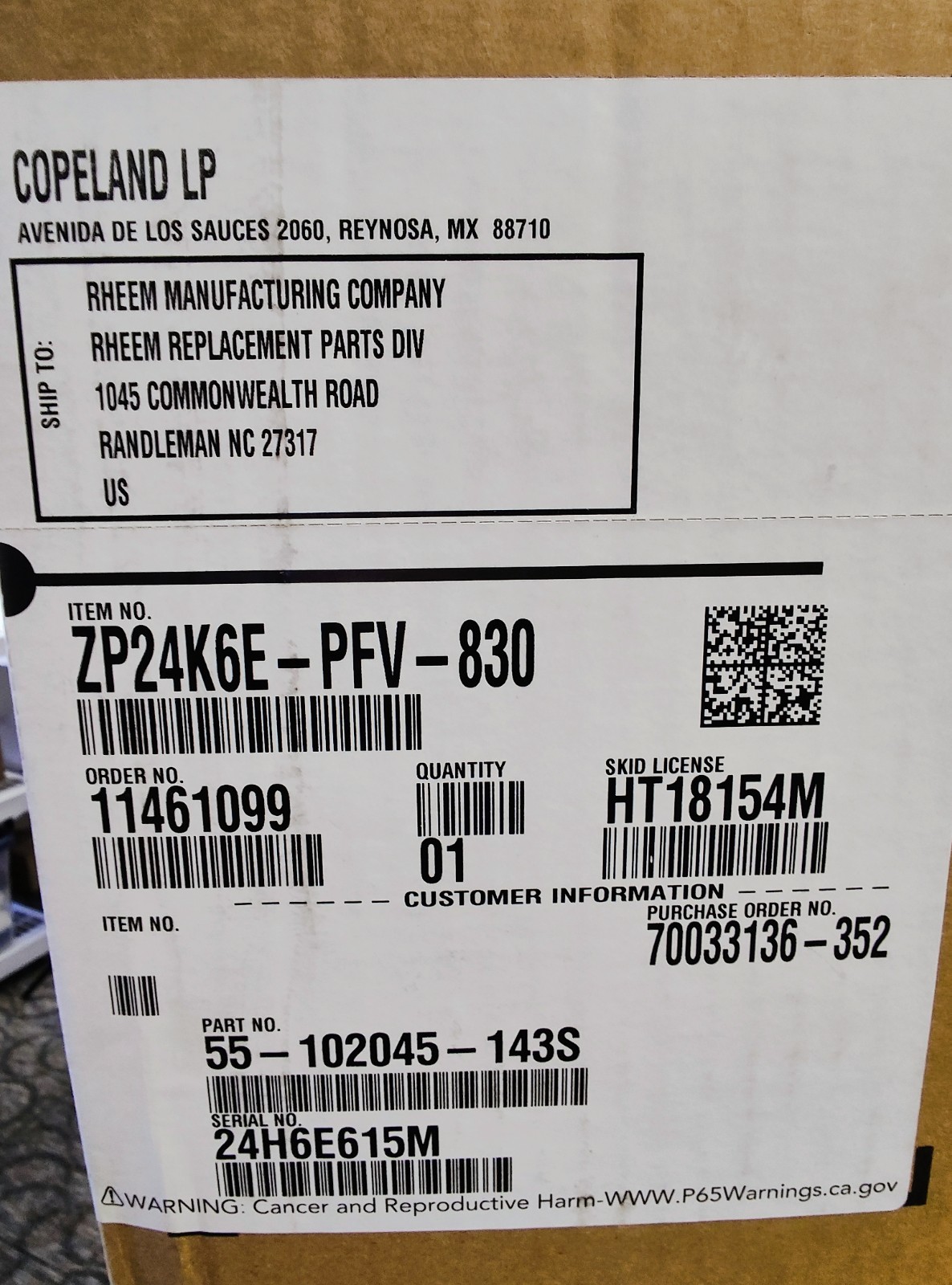 Copeland Scroll ZP24K6E-PFV-830 Compressor Emerson New/Sealed