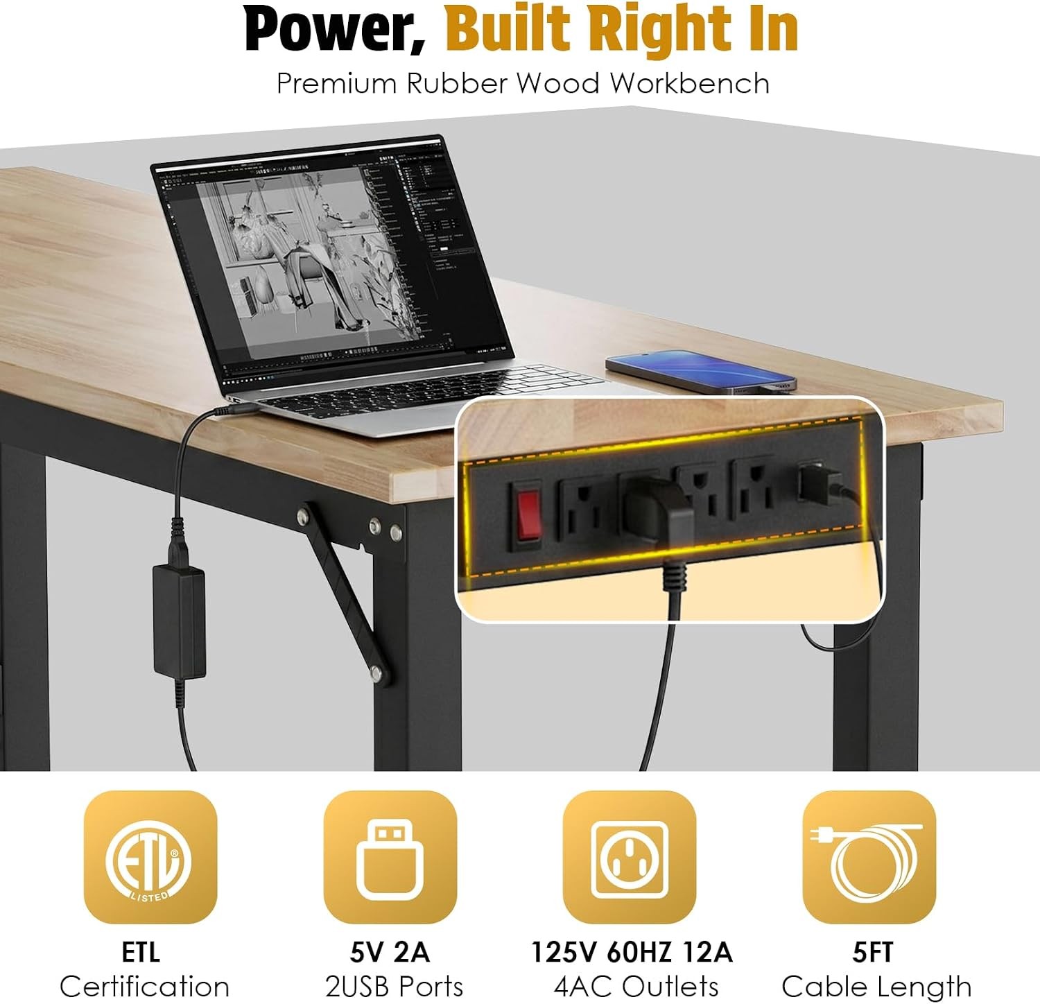 60" x 22" Heavy Duty Workbench 2000 LBS Capacity 31.5-39.5 in Adjustable Work