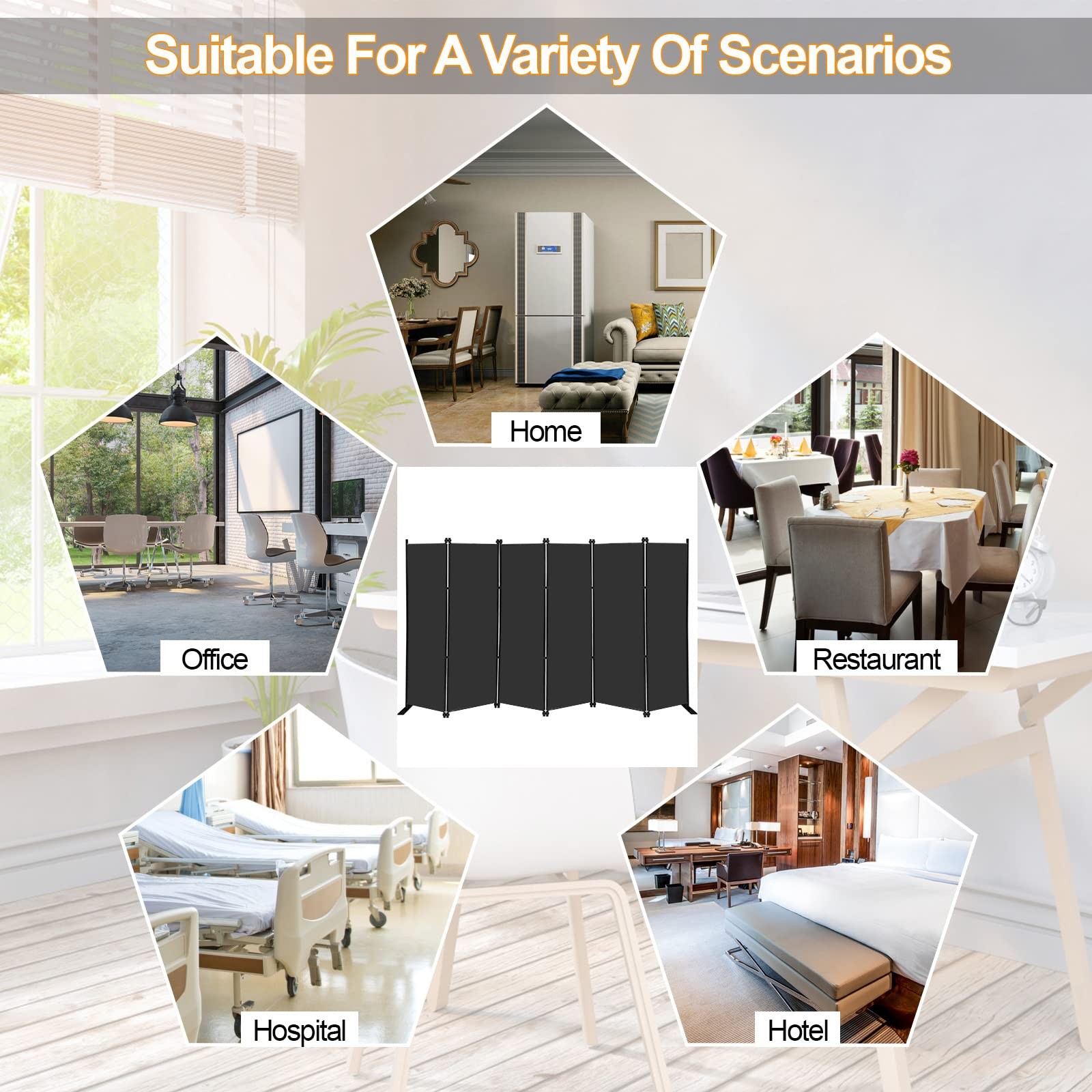 MAYOLIAH 6 Panel Folding Privacy Screen 9ft Wide, 6ft Tall 6 Panel, Black