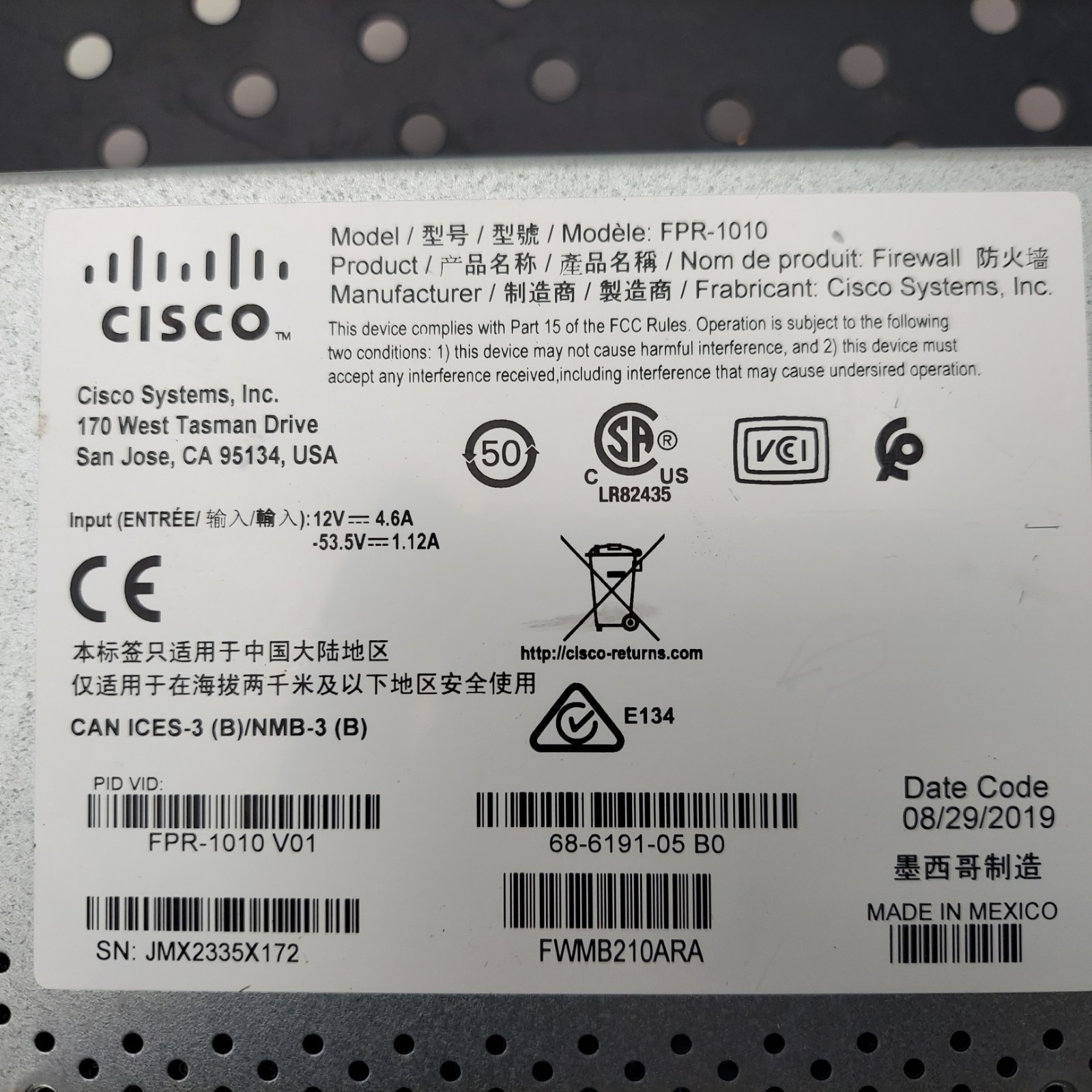 Cisco FPR-1010 V01 FirePower 1000 Series Network Security Firewall No PSU
