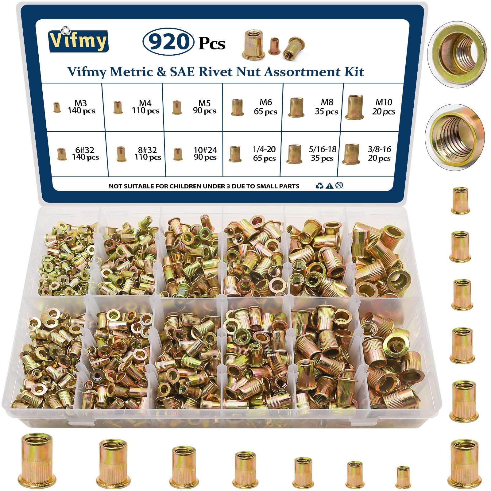 Vifmy Metric & SAE Rivet Nut & Assortment - 920 Pcs, Yellow