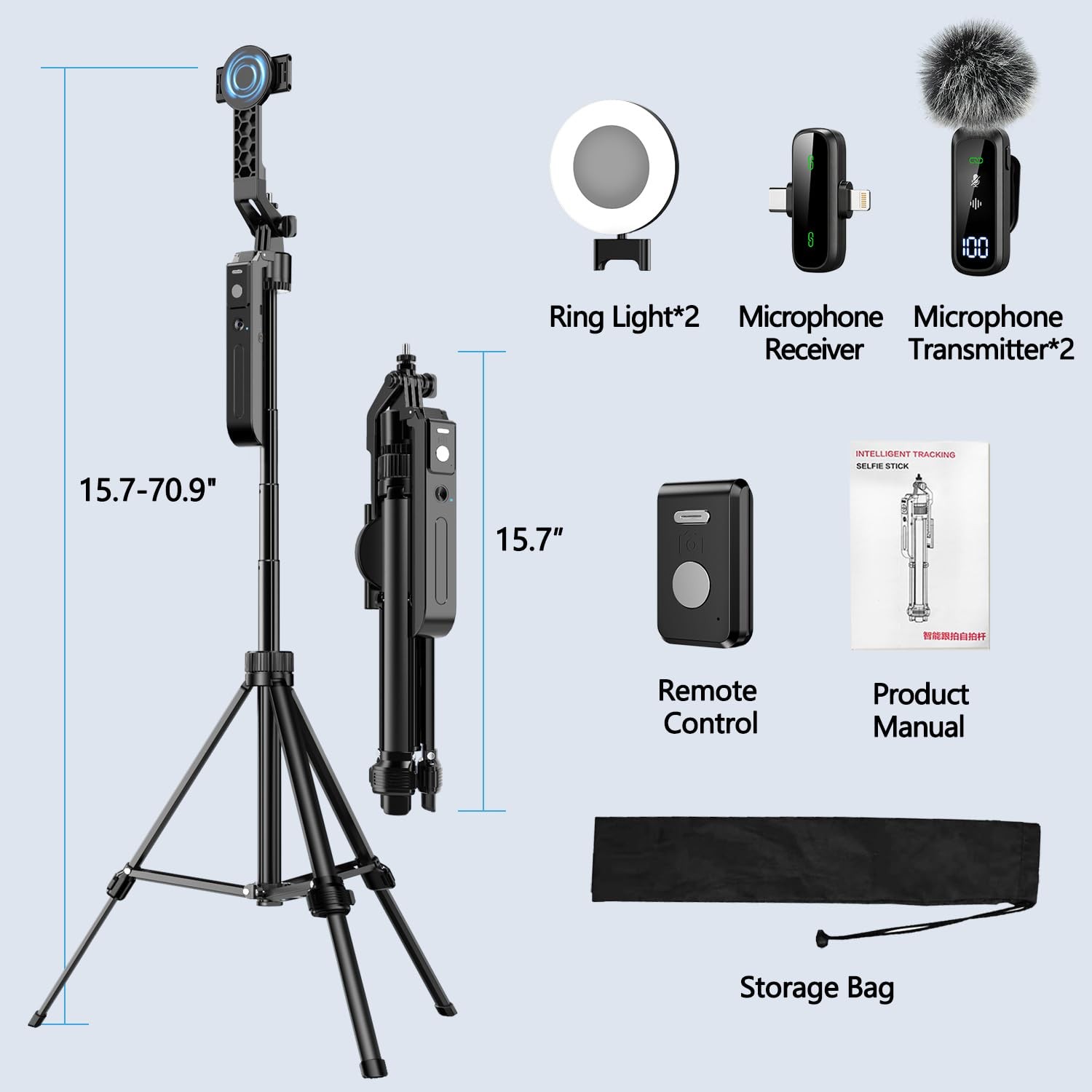 yAyusi Magnetic Vlogging Kit for iPhone/Android, 71" Auto Face Tracking black