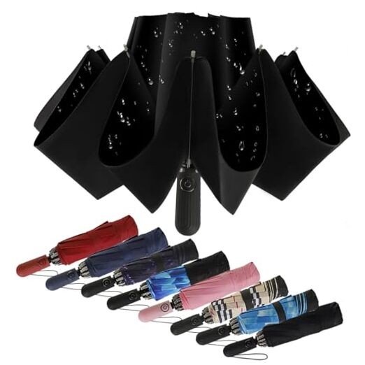 Compact Travel Umbrella Inverted Reverse Umbrellas for Rain & Sun – Black