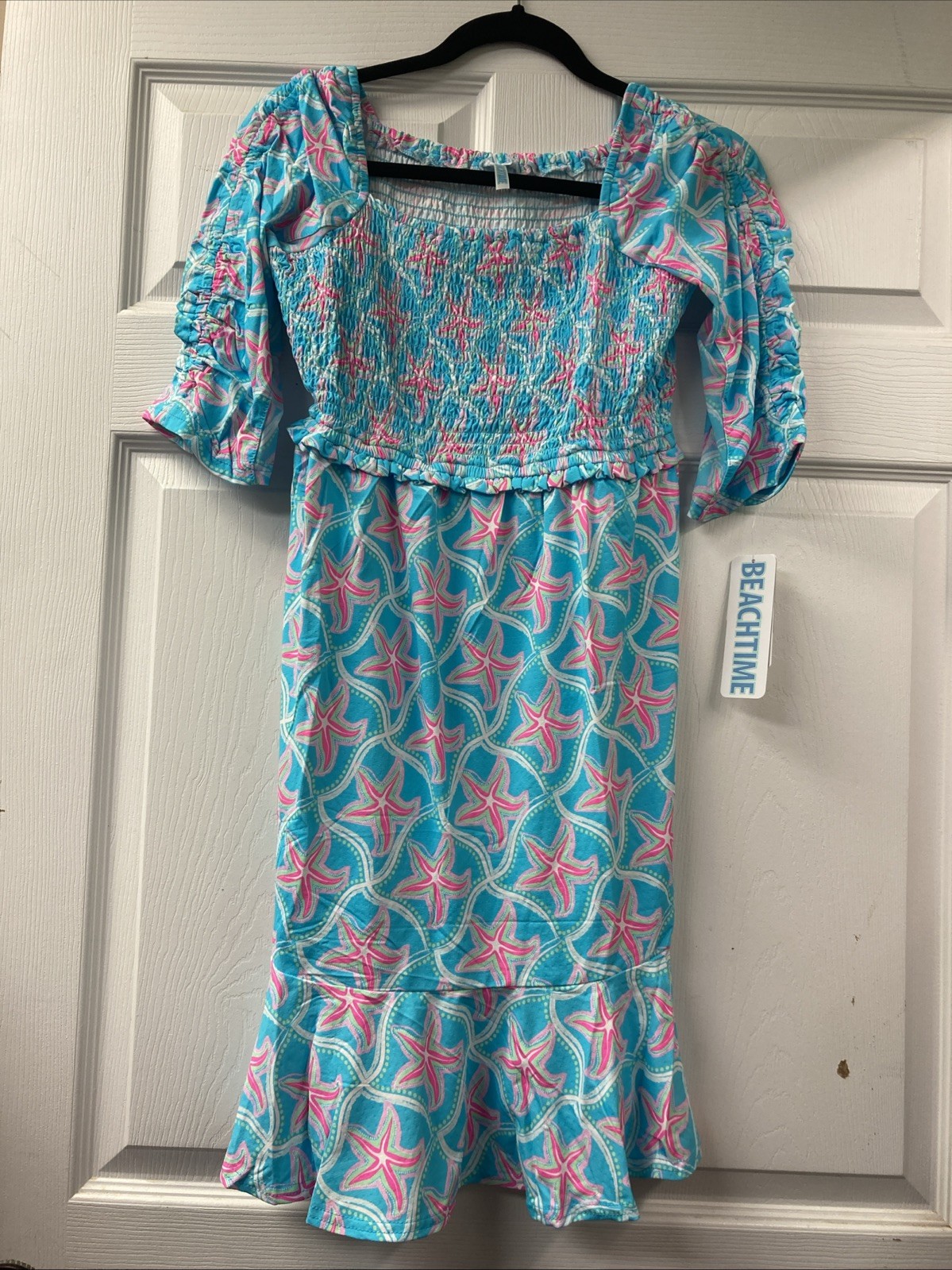 Lulu B XL Blue Starfish Dress With Smocked Top And Ruffle Hem Upf50