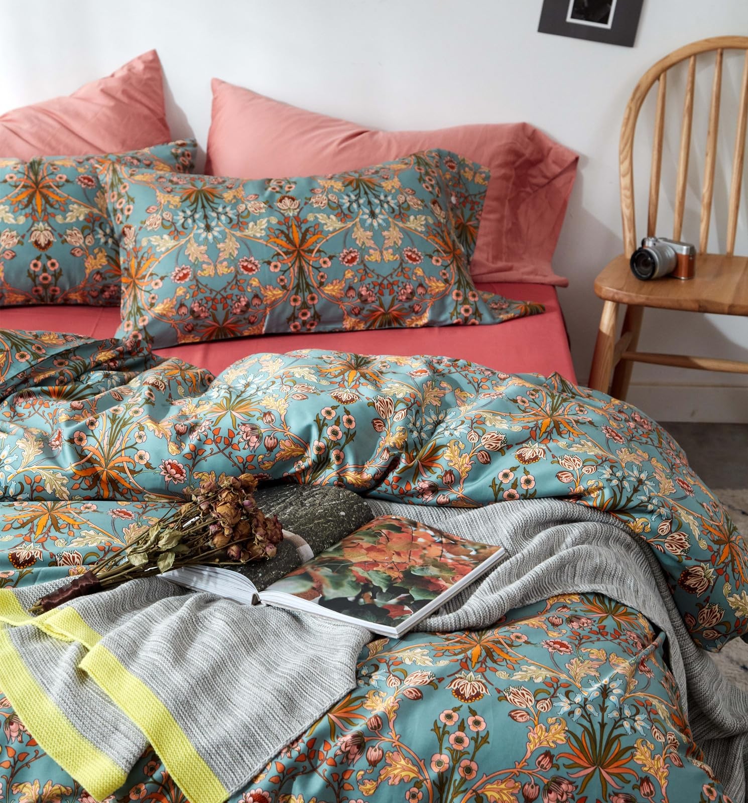 VM VOUGEMARKET Green Flower Duvet Cover Set Twin(68" x 86"), Carol