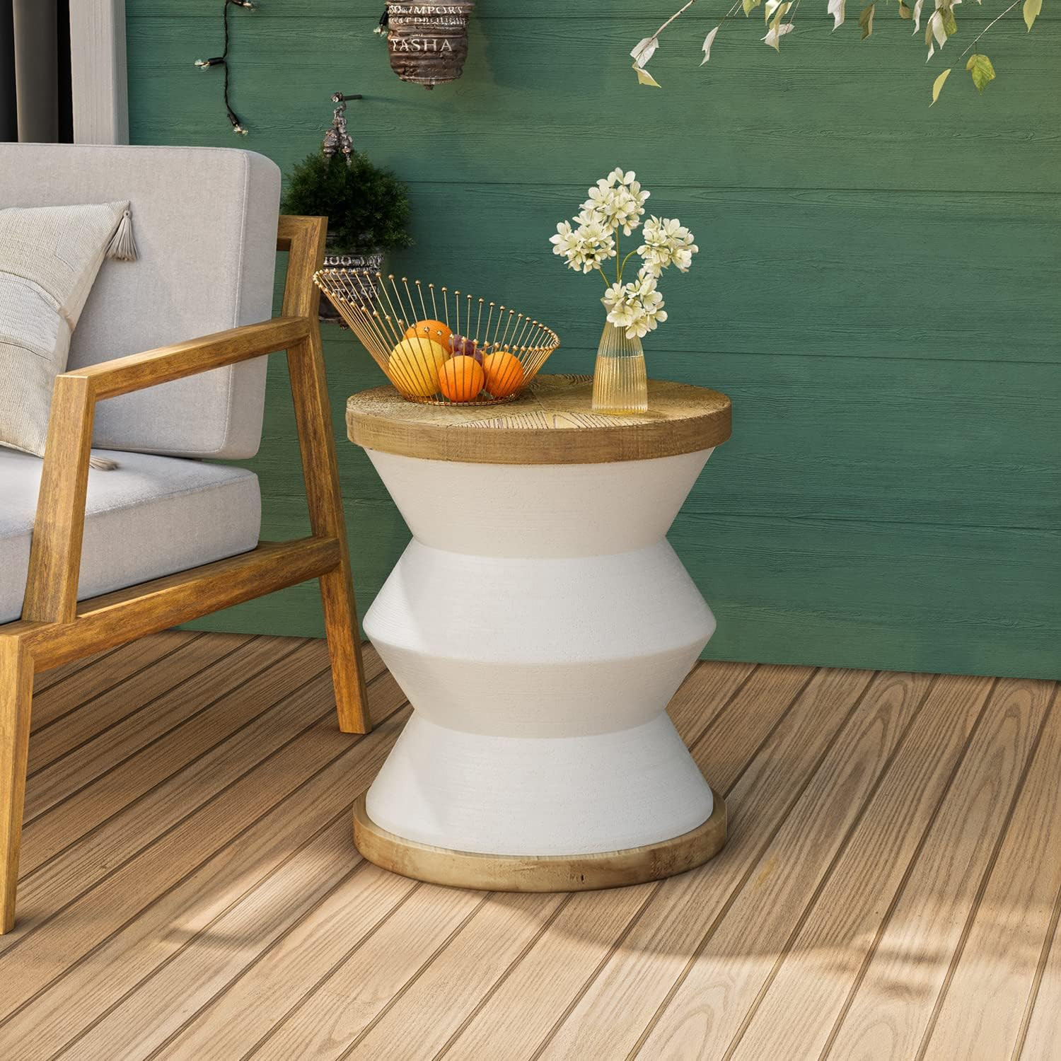 White Outdoor Side Table, round Mgo Concrete End Patio Side Table, Lightweight C
