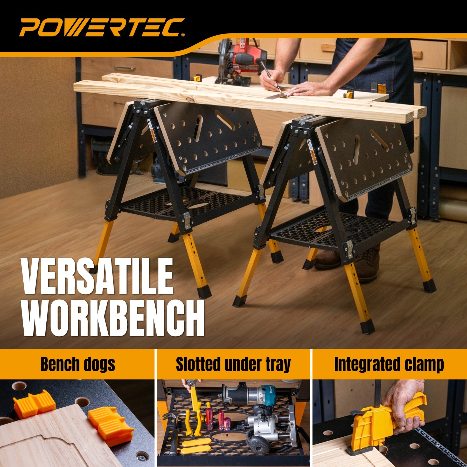 POWERTEC 2-in-1 Folding Work Table & Sawhorse 1000lb Capacity Portable Workbench