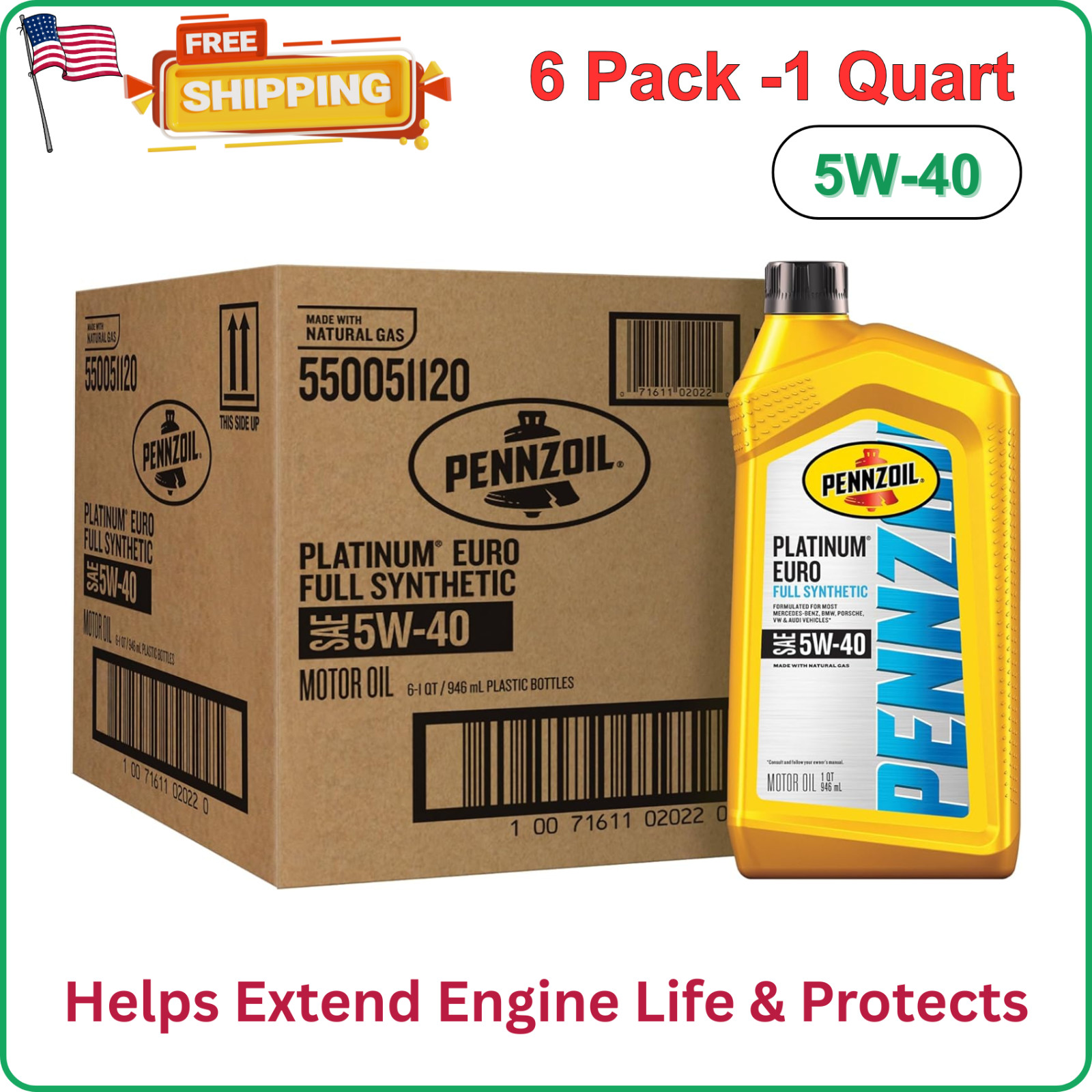 Pennzoil Platinum Euro Full Synthetic 5W-40 Motor Oil, 1 QT 6 Pack, Natural Gas