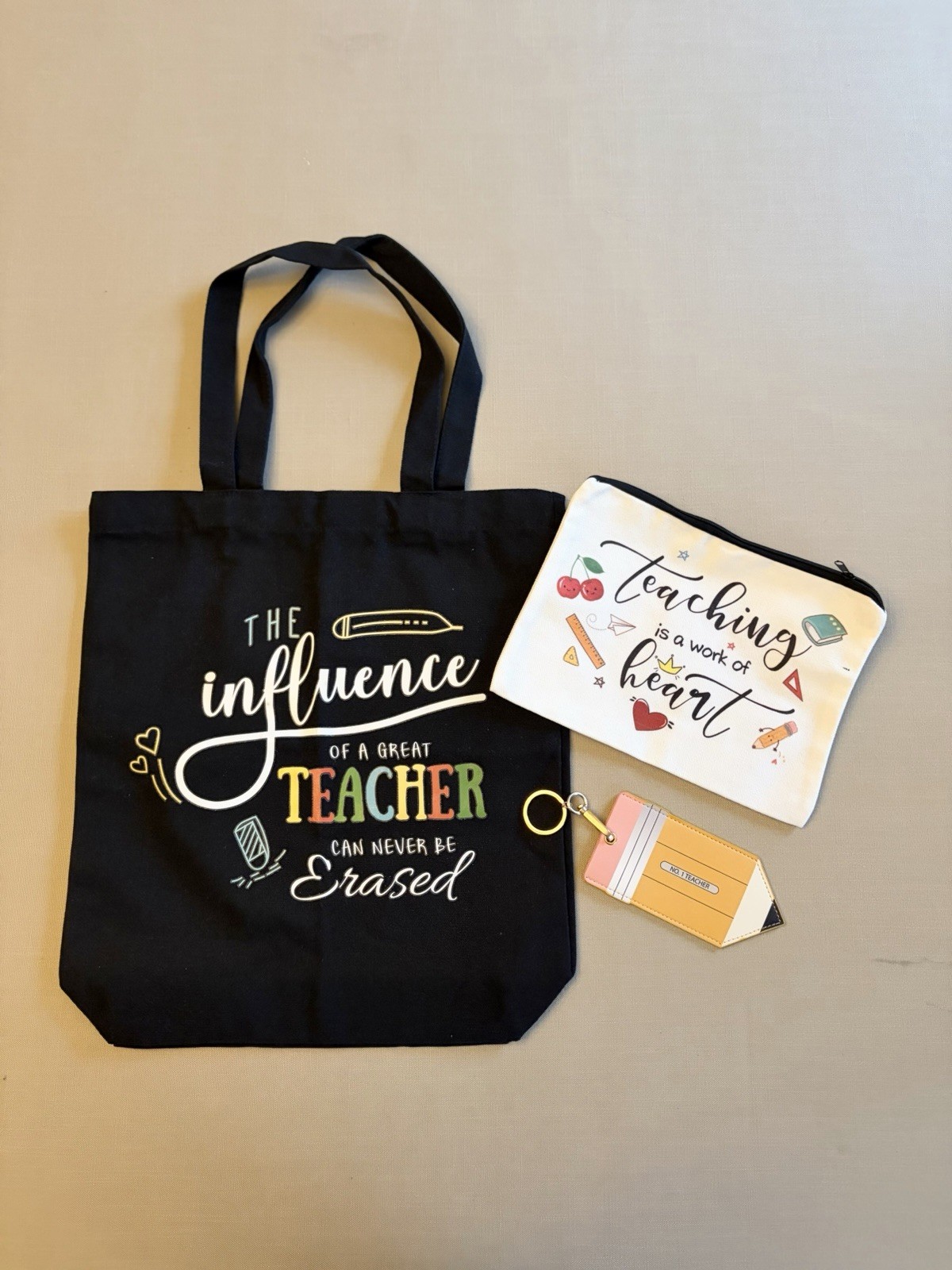 Teacher Appreciation Gift Set - Black Canvas Tote Bag, Make-up Pouch & Keychain