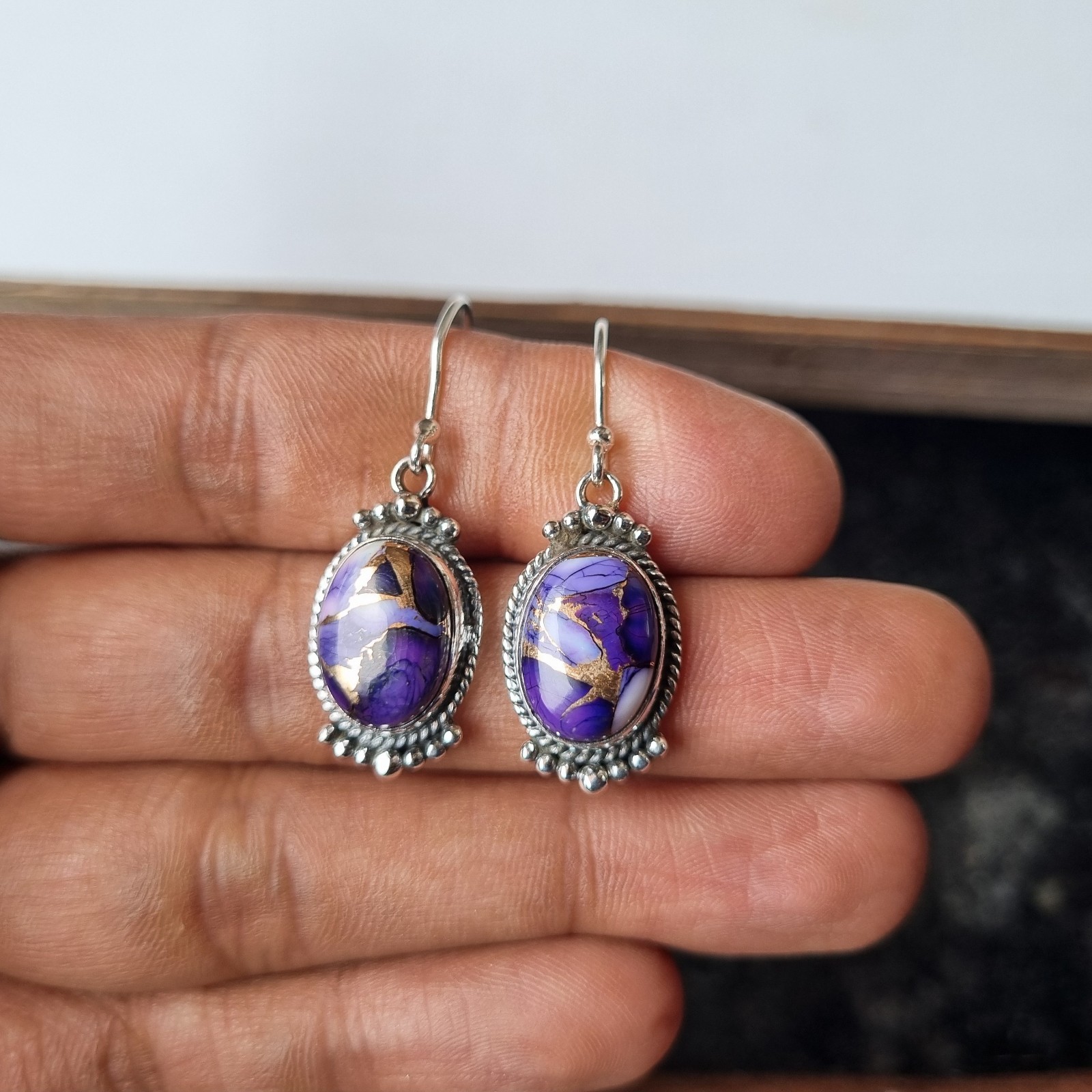 Purple Dahlia Turquoise Earring 925 Sterling Silver Beautiful Dangle JewelryBT75