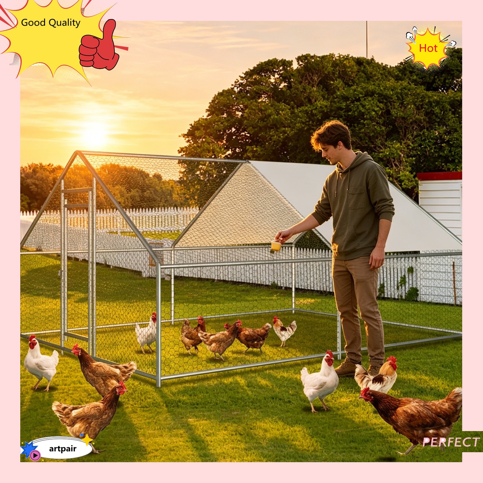 13 x10Fft Walk In Chicken Coop Metal Rabbit Hutch Hen House Cage Enclosure USA