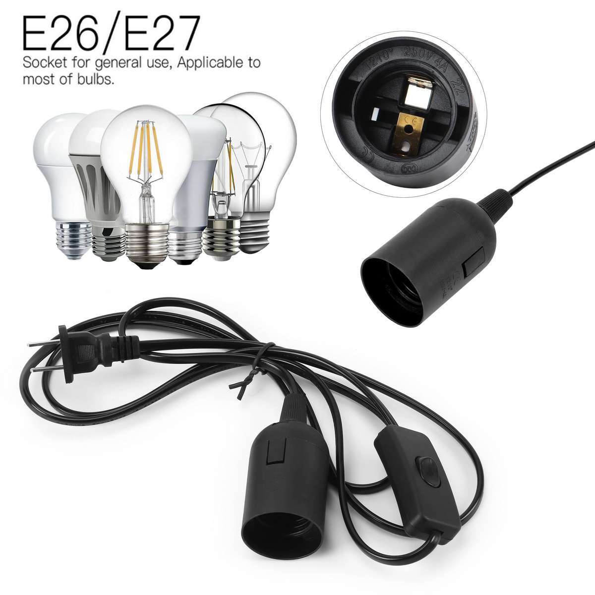 2X E26 E27 Light Bulb Socket to Wall Outlet Plug Adapter On/Off Switch 6FT Cord