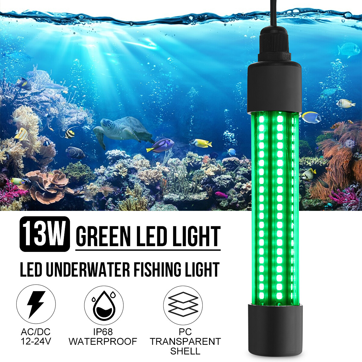 12-24V LED Fishing Light Underwater Green Submersible Crappie Squid Night Lamp