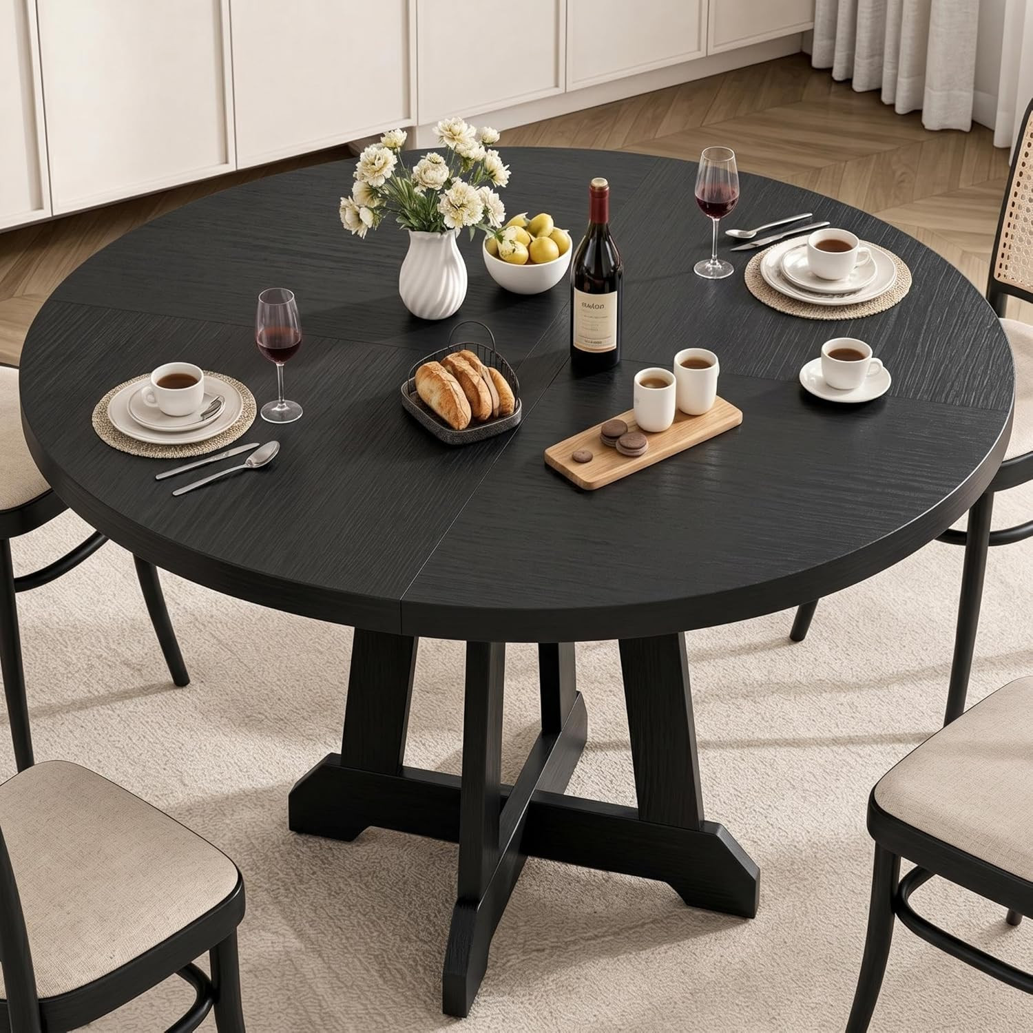 Stylish 47" Round Dining Table for 4 with Wooden Base - Black Finish