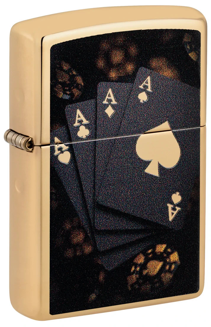 Zippo 47141, Lucky Quad Aces Poker Design, High Polish Brass Lighter, NEW