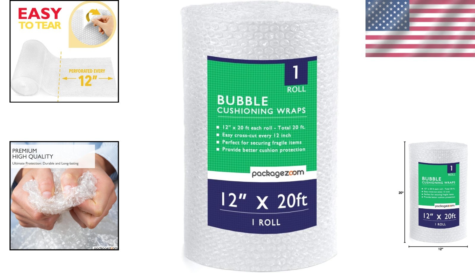 Convenient 12" x 20 ft Perforated Bubble Cushion Wrap for Packing & Moving