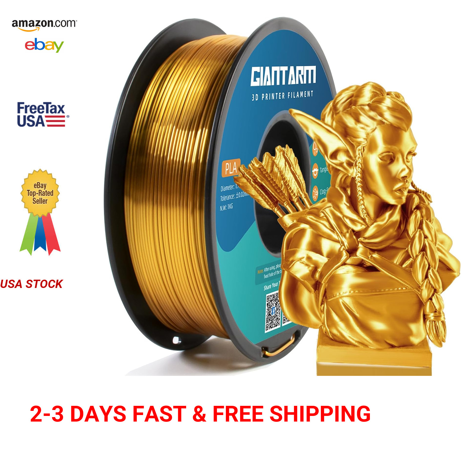 3D Printer Filament Silk Gold PLA 1.75mm 1Kg Spool High Detail Compatibility