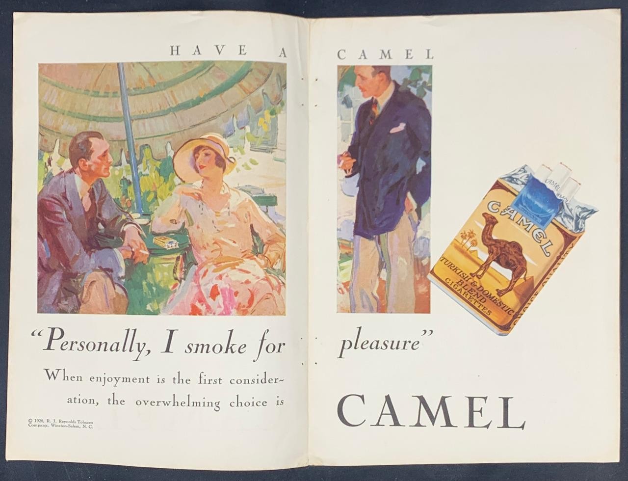 Magazine Ad - 1928 - Camel Cigarettes - Personally I Smoke for Pleasure - (2 pg)
