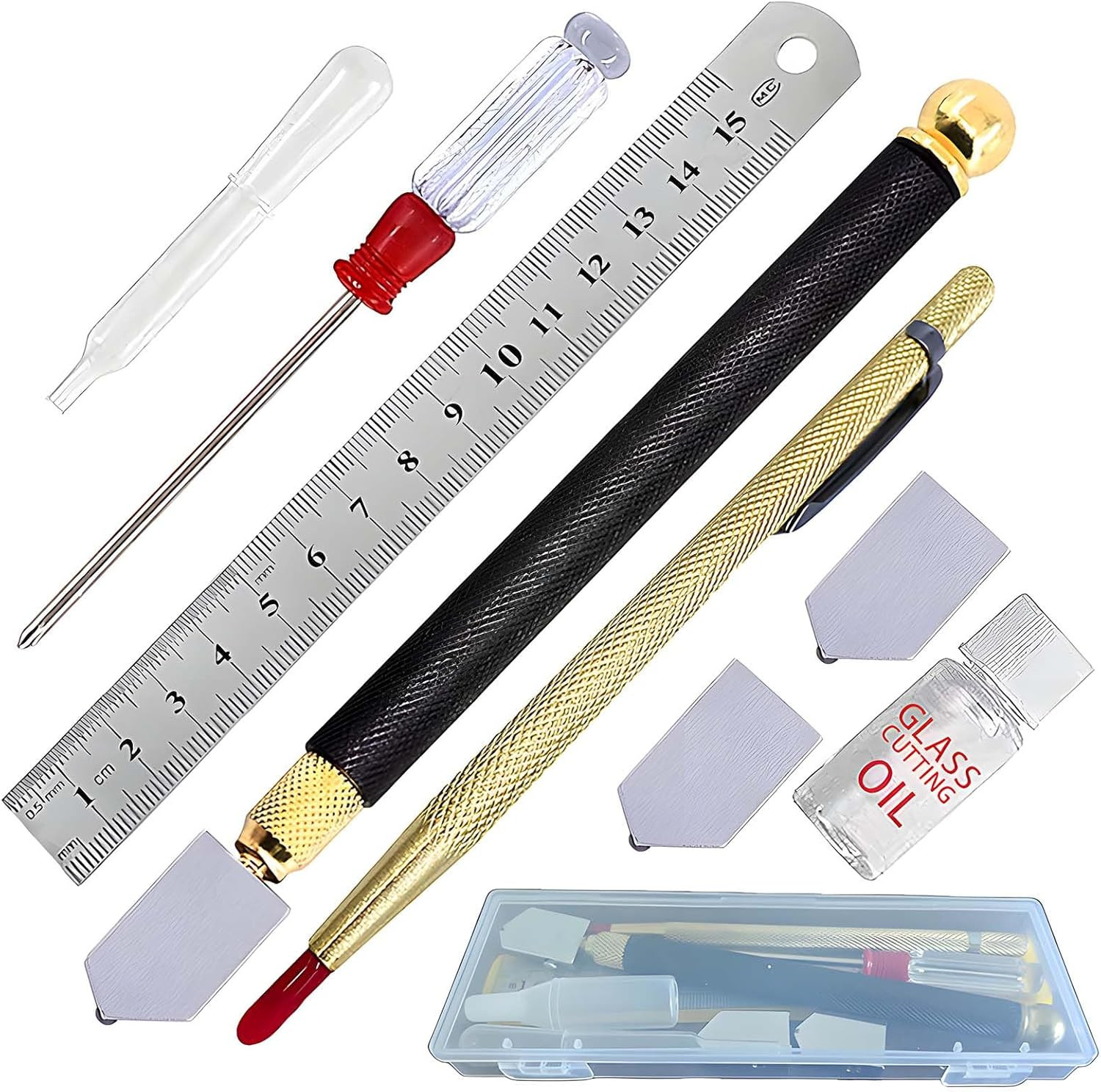 Glass Cutting Kit with Ruler, Oil Bottle, Scoring Tools and Case, 3-14Mm，Glass C
