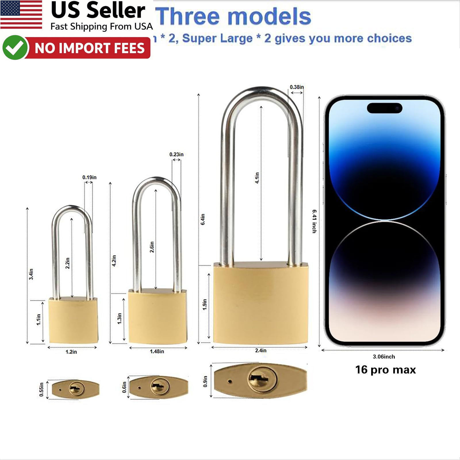 4 PCS Long Keyed Padlock Waterproof Solid Brass 3.4 Inch Same Key Lock FROM USA