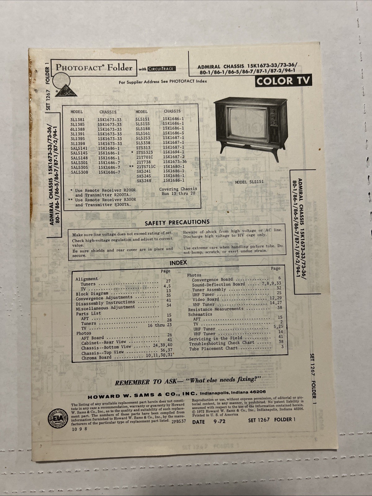 Vintage Sams Photofact Schematic 9-1972 ADMIRAL CHASSIS 1 5K1673-33/73-36/80-1