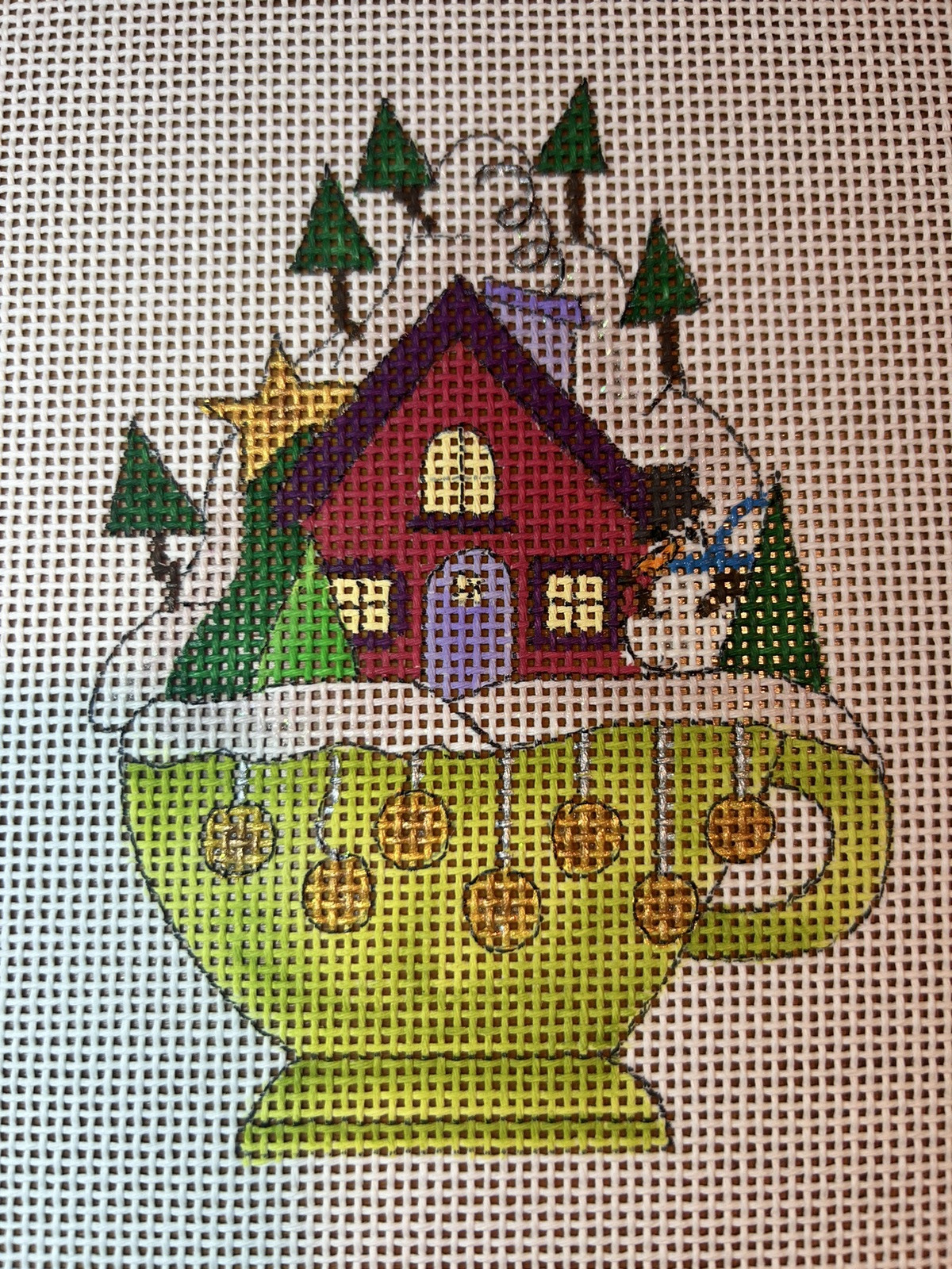 Renaissance Designs Teacup House hand painted needlepoint 13 mesh 4" x 5.5"