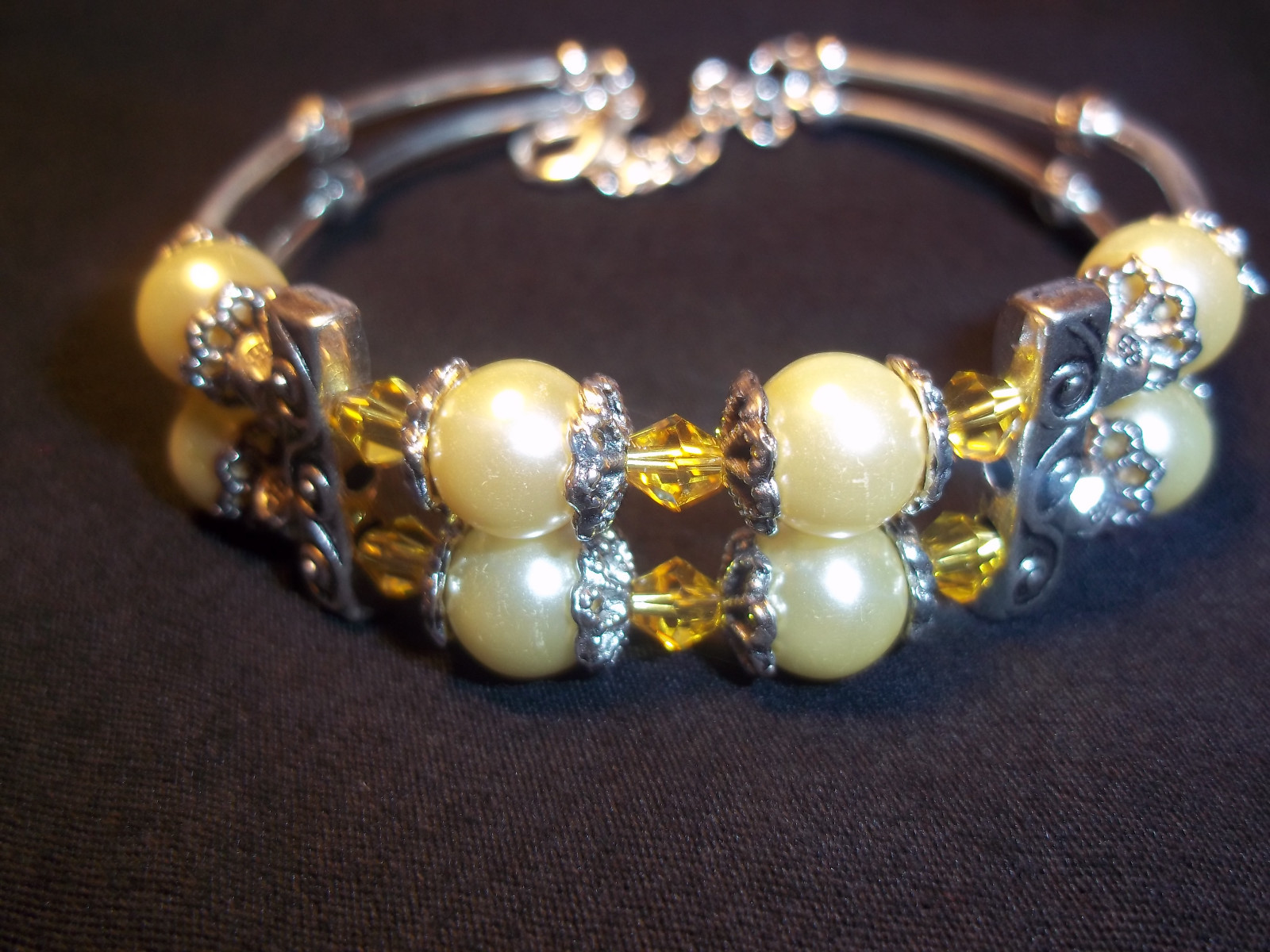 Adjustable YELLOW Crystal & YELLOW Pearl Bead Cuff Bracelet B-01