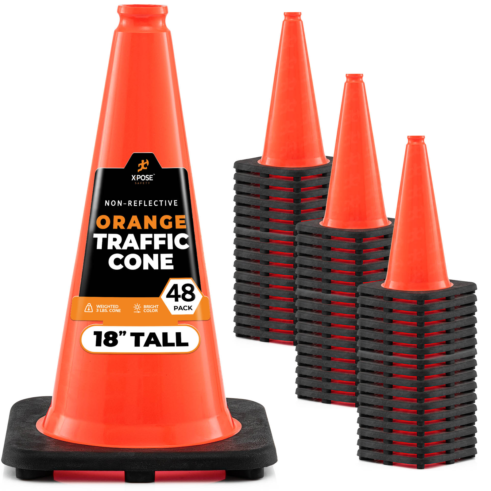 48 Orange Traffic Cones 18 Inch , Multipurpose PVC Plastic Safety Cone