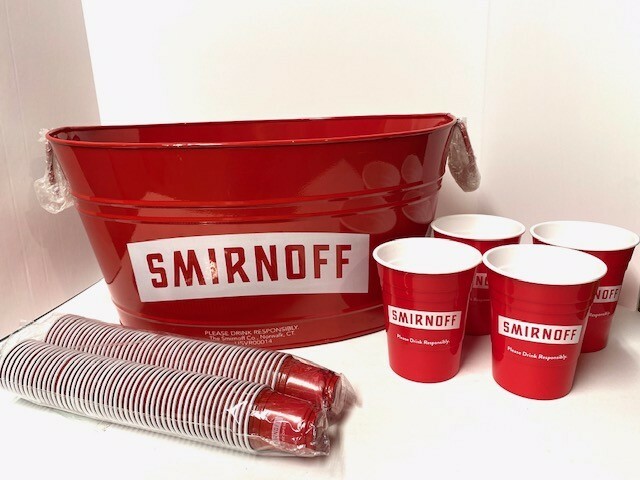 SMIRNOFF Party Ice Beverage Bucket WITH 4 Hard Plastic Red Cups AND 100 shotcups