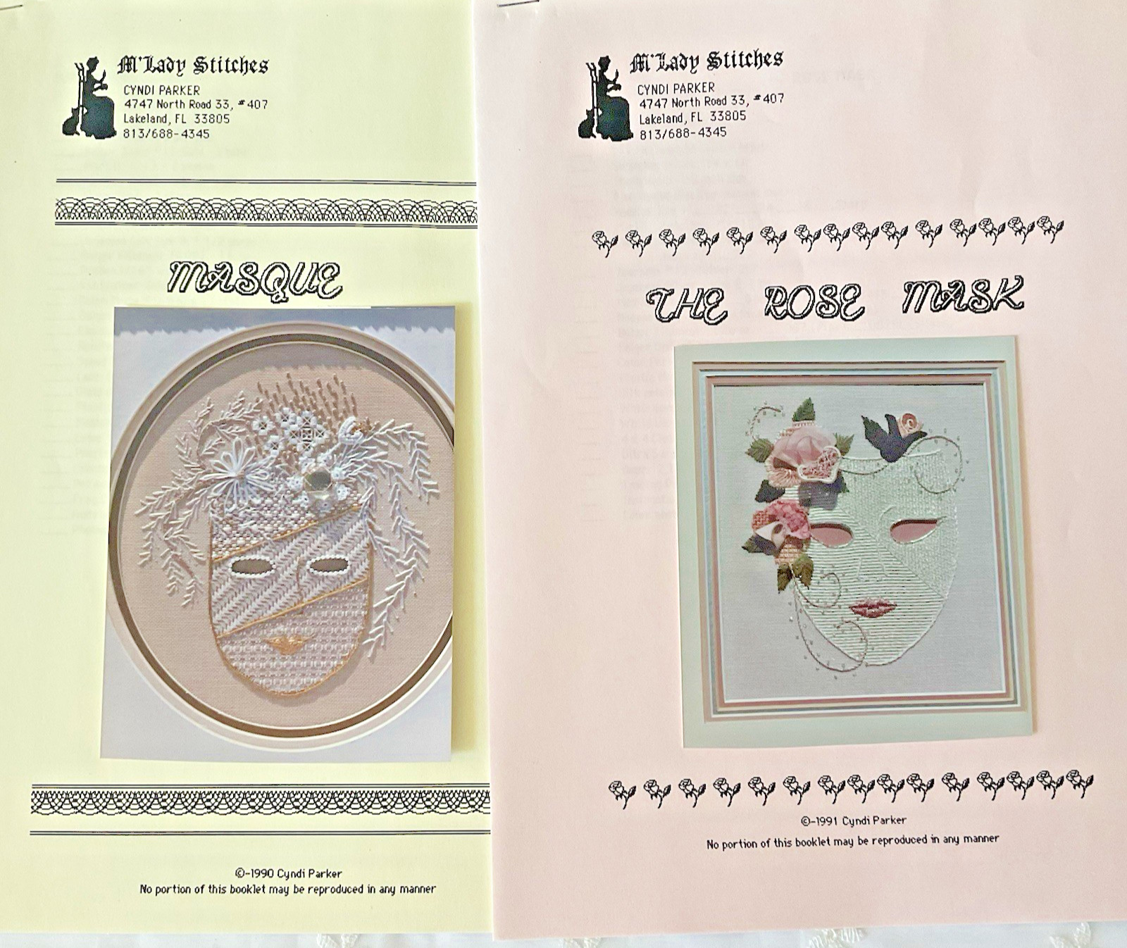 Cyndi Parker Needlepoint Charts Lot of 2 Rose Mask and Masque Designed for 24 Ct