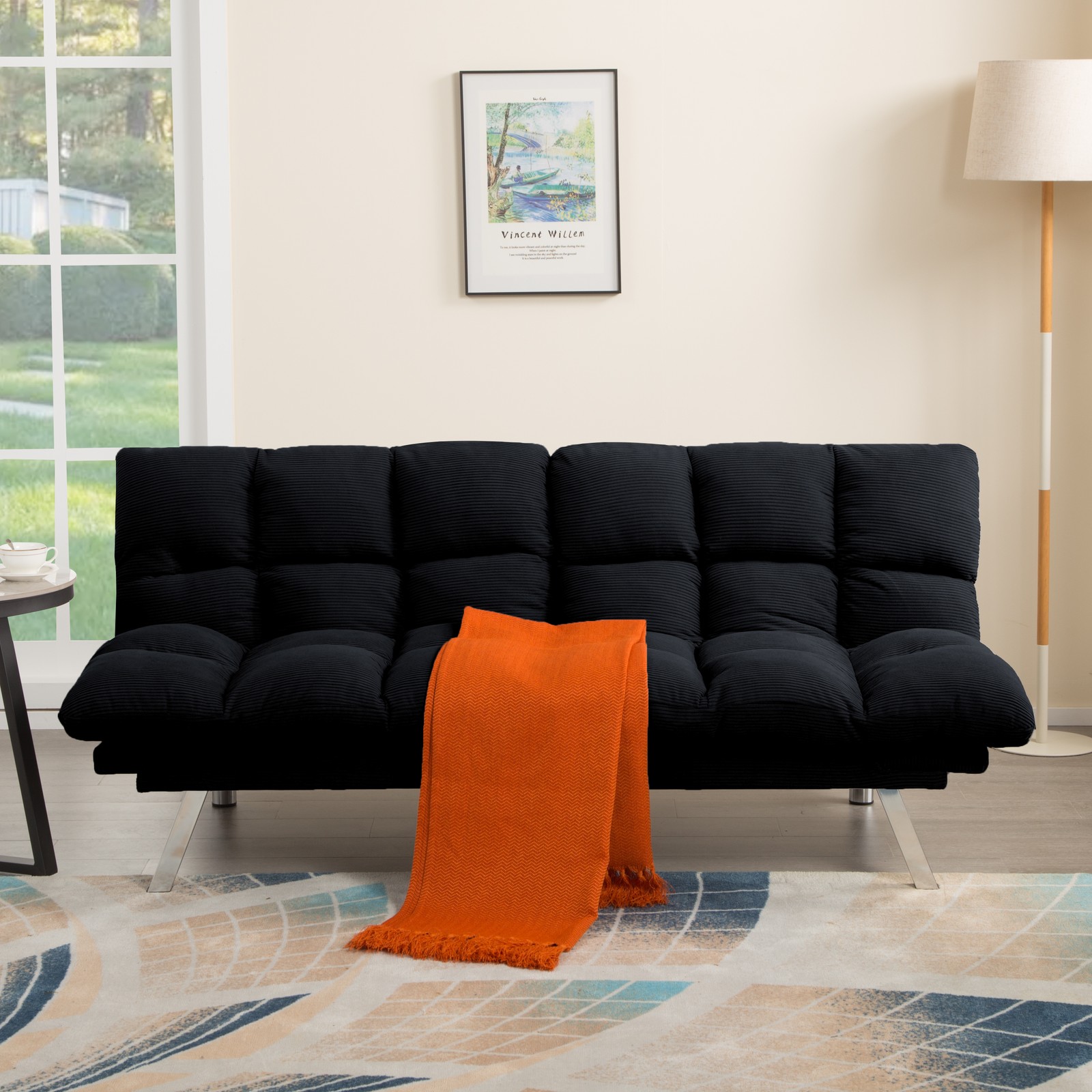 67.3" Corduroy Futon Sofa Bed Twin Sleeper Adjustable Split Back Armrests Black