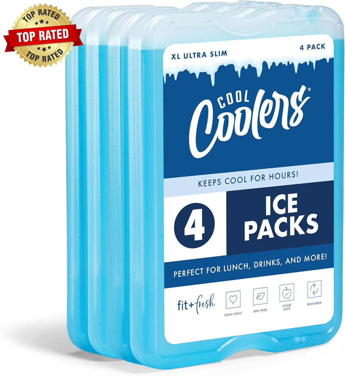 Cool Coolers by  4 Pack XL Slim Ice Packs, Quick Freeze Space Saving Reusable Ic