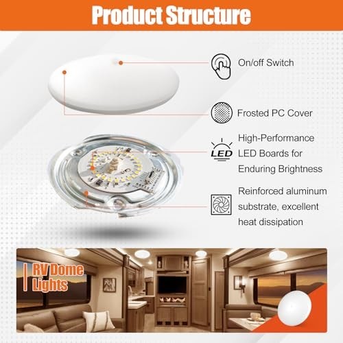 5CCT LED RV Dome Ceiling Lights, On/Off Switch, DC 12V Surface Mount Interior Pu